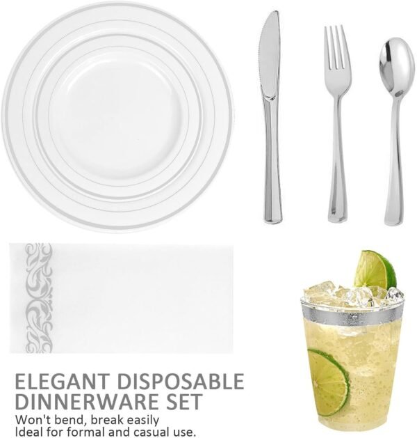 BAYZZ 175 Piece Gold Dinnerware Set, 25 Guest Gold Rim Plastic Plates, 25 Gold Plastic Silverware, 25 Gold Cups, 25 Gold Napkins, Disposable Dinnerware Set 25 Guest, For Wedding, Party - Image 6