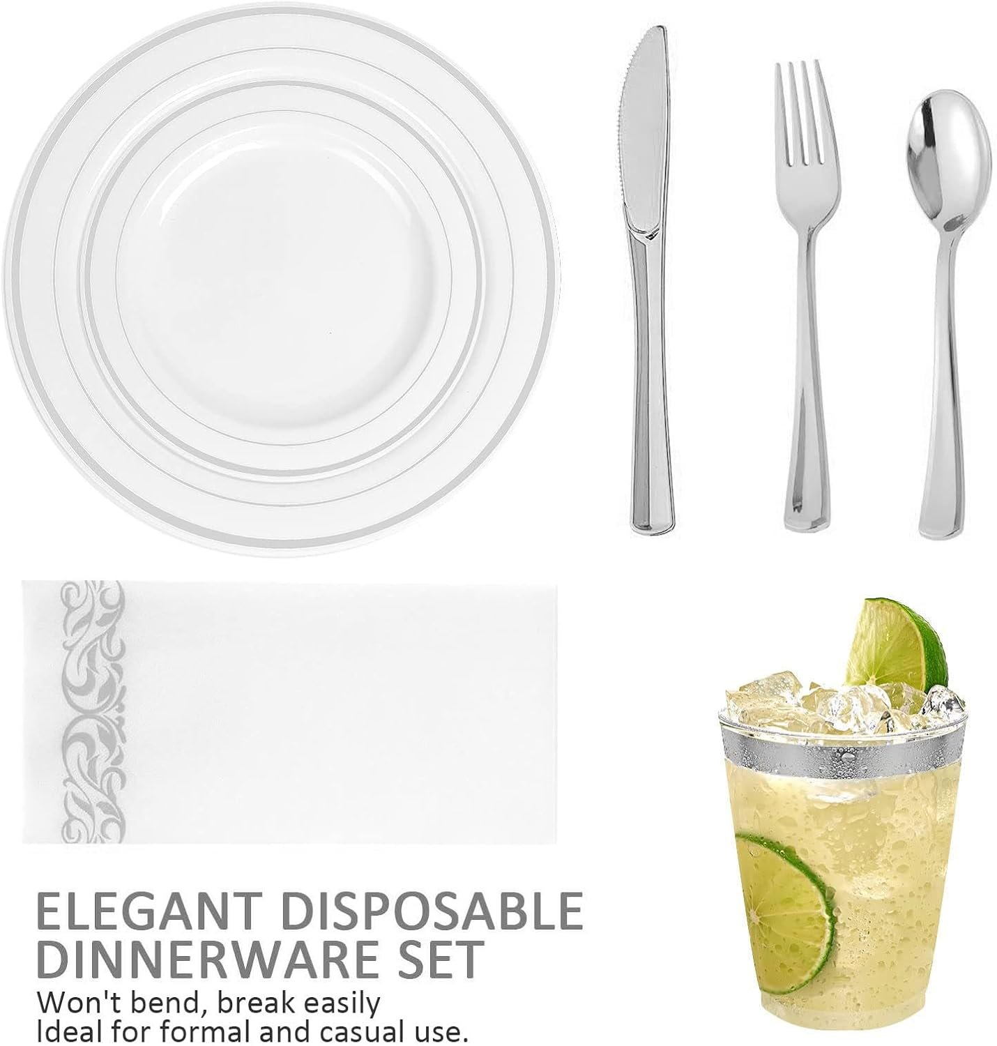 BAYZZ 175 Piece Gold Dinnerware Set, 25 Guest Gold Rim Plastic Plates, 25 Gold Plastic Silverware, 25 Gold Cups, 25 Gold Napkins, Disposable Dinnerware Set 25 Guest, For Wedding, Party - Image 6