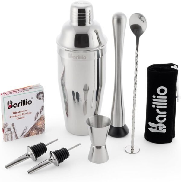 Barillio Mixology Bartender Kit - 8-Pc Stainless-Steel Travel Cocktail Shaker Set with Bag - Bar Tools Set w/Martini Shaker, Drink Mixer Spoon & Mojito Muddler for Cocktails - Bar & Bartending Kit - Image 2