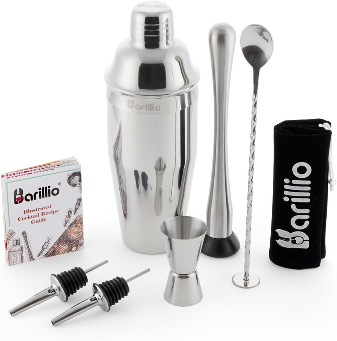 Barillio Mixology Bartender Kit - 8-Pc Stainless-Steel Travel Cocktail Shaker Set with Bag - Bar Tools Set w/Martini Shaker, Drink Mixer Spoon & Mojito Muddler for Cocktails - Bar & Bartending Kit - Image 2