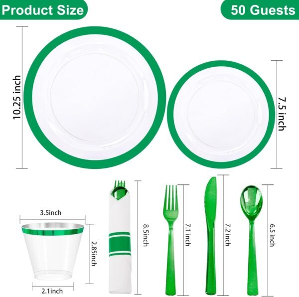 I00000 350 Pcs Green Plastic Plates-Christmas Dinnerware Set for Party,Include 50 Dinner Plates 10.25’’,50 Dessert Plates 7.5’’,50 Plastic Cups 9 OZ,50 Per Rolled Napkins with Cutlery for Xmas Dinner - Image 4