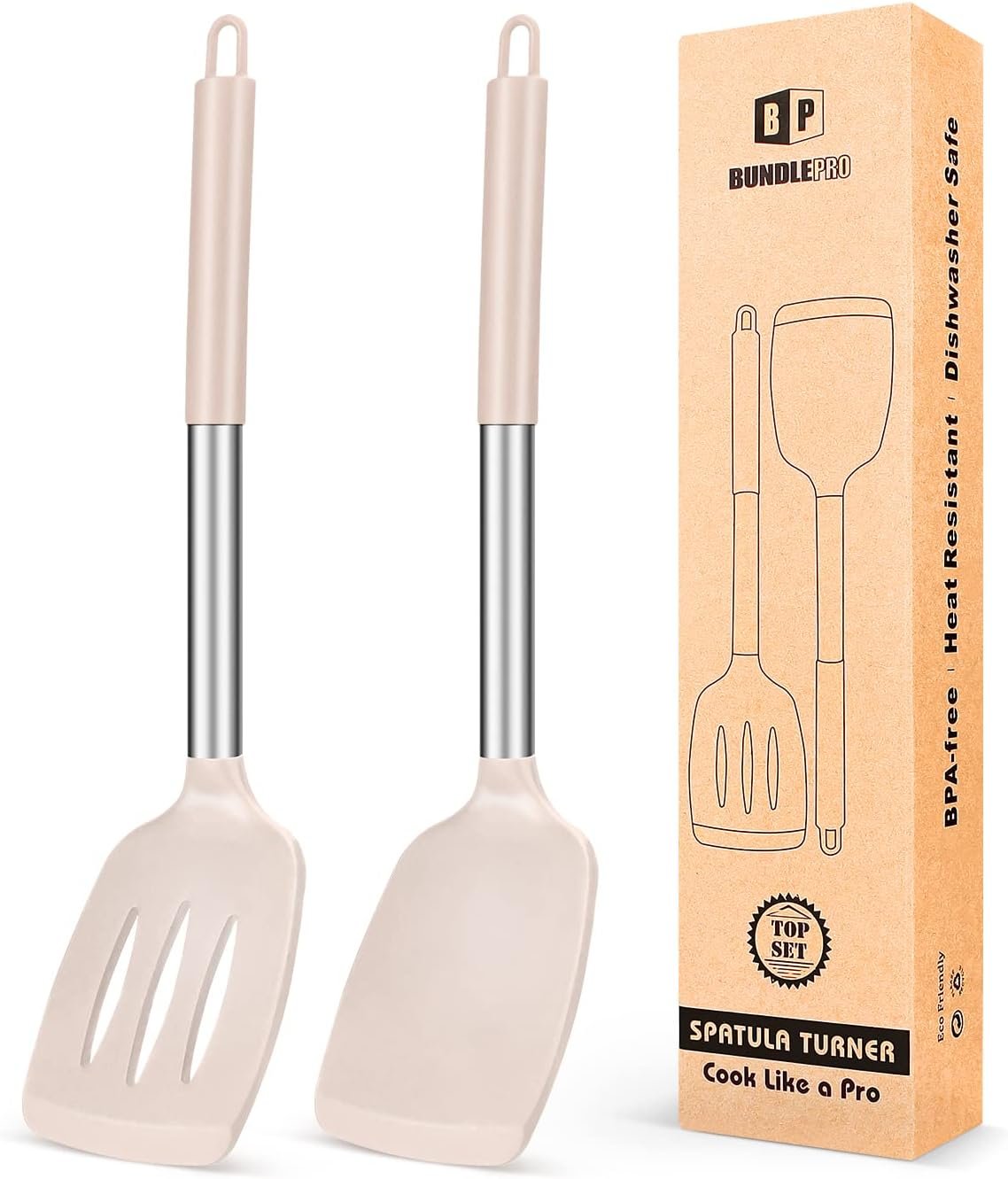 Pack of 2 Silicone Solid Turner, Non Stick Slotted Kitchen Spatulas, High Heat Resistant BPA Free Cooking Utensils, Ideal Cookware for Fish, Eggs, Pancakes(Stainless Steel Khaki) - Image 2