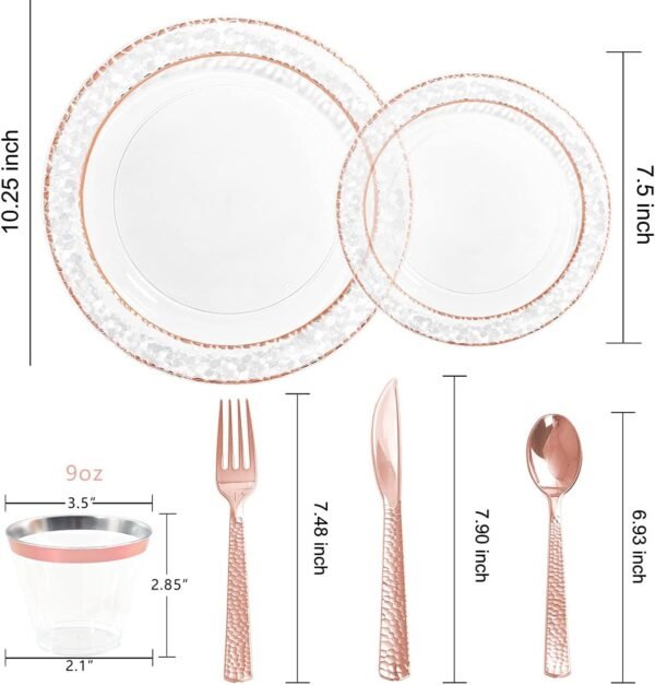 Ciaell 150PCS Rose Gold Plastic Plates – Disposable Rose Gold Plates with Rose Gold Plastic Silverware include 50Plates, 25Forks, 25Knives, 25Spoons, 25Cups for Wedding & Party - Image 4