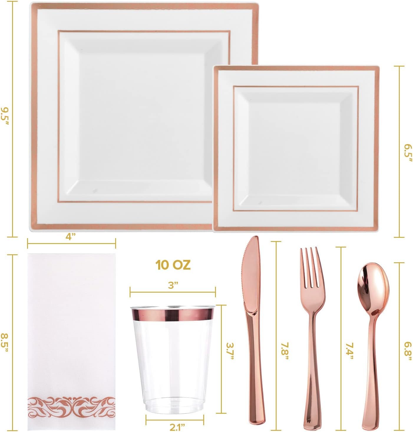 FOCUSLINE 175 Piece Rose Gold Dinnerware Set for 25 Guests- Square Plastic Plates with Rose Gold Rim- Including Disposable 25 Dinner Plates, 25 Dessert Plates, 25 Napkins, 25 Cups, 25 Silverware Set - Image 3
