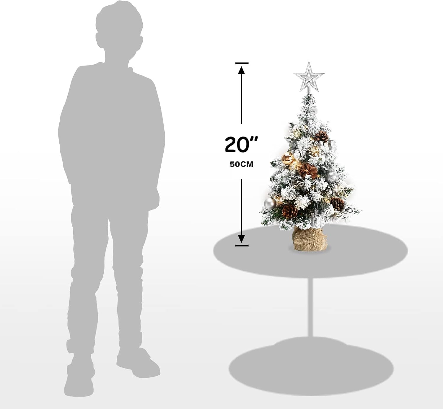 24 Inch 2FT Snowy Mini Christmas Tree, Small Tabletop Flocked Tree with LED Lights, Pine Cones, Balls, Star Tree Topper, Mini Gift Box and Cloth Bag Base, Xmas Decorations (Mini Christmas Tree) - Image 8