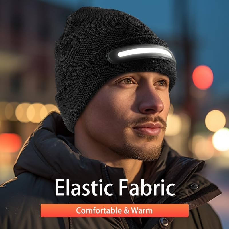 LED Lighted Beanie with Light, Unisex Warm Knitted Black Winter Hat, USB Rechargeable Headlamp Cap for Outdoors, Tech Gift for Men Dad Father Him - Image 6