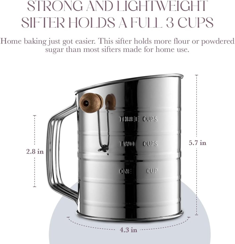 Bellemain 3 Cup Flour Sifter for Baking Fine Mesh Rotary Hand Crank with Loop Agitator for Quick Sifting, Flour Sifter Stainlees Steel - Image 3