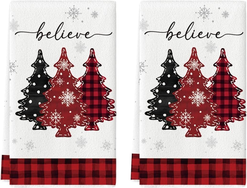 Artoid Mode Red Pine Trees Merry Christmas Kitchen Towels Dish Towels, 18x26 Inch Holiday Believe Xmas Winter Decoration Hand Towels Set of 2 - Image 2
