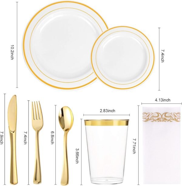 BAYZZ 175 Piece Gold Dinnerware Set, 25 Guest Gold Rim Plastic Plates, 25 Gold Plastic Silverware, 25 Gold Cups, 25 Gold Napkins, Disposable Dinnerware Set 25 Guest, For Wedding, Party - Image 3