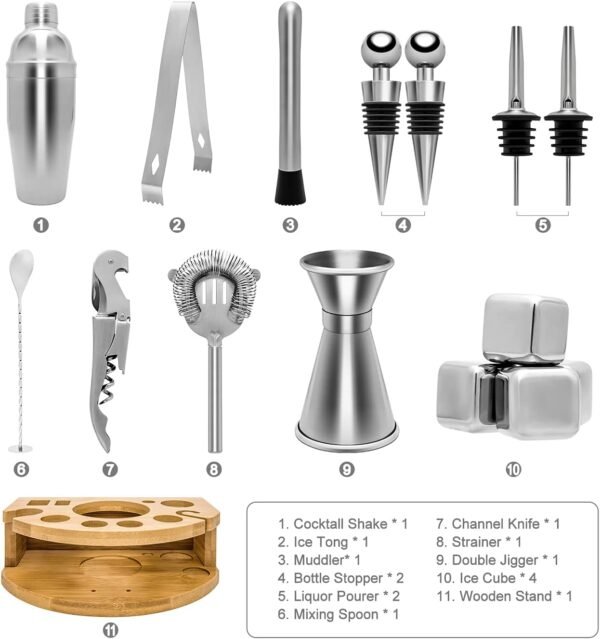 Cocktail Shaker Set Mixology Bartender Kit 17 pcs Bamboo Stand Martini Whiskey Drink Mixer Vintage Cocktail Recipes and Whiskey Stones - Image 3