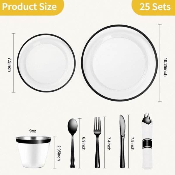 Goodluck 175 Piece Black Plastic Dinnerware Set for Party, Clear Disposable Plates for 25 Guests, Include: 25 Dinner Plastic Plates, 25 Dessert Plates, 25 Pre Rolled Napkins with Cutlery Set, 25 Cups - Image 5