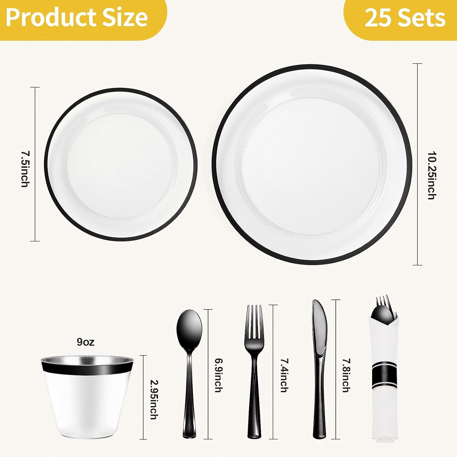 Goodluck 175 Piece Black Plastic Dinnerware Set for Party, Clear Disposable Plates for 25 Guests, Include: 25 Dinner Plastic Plates, 25 Dessert Plates, 25 Pre Rolled Napkins with Cutlery Set, 25 Cups - Image 5