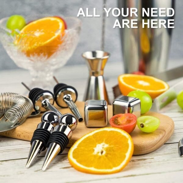 Cocktail Shaker Set Mixology Bartender Kit 17 pcs Bamboo Stand Martini Whiskey Drink Mixer Vintage Cocktail Recipes and Whiskey Stones - Image 6