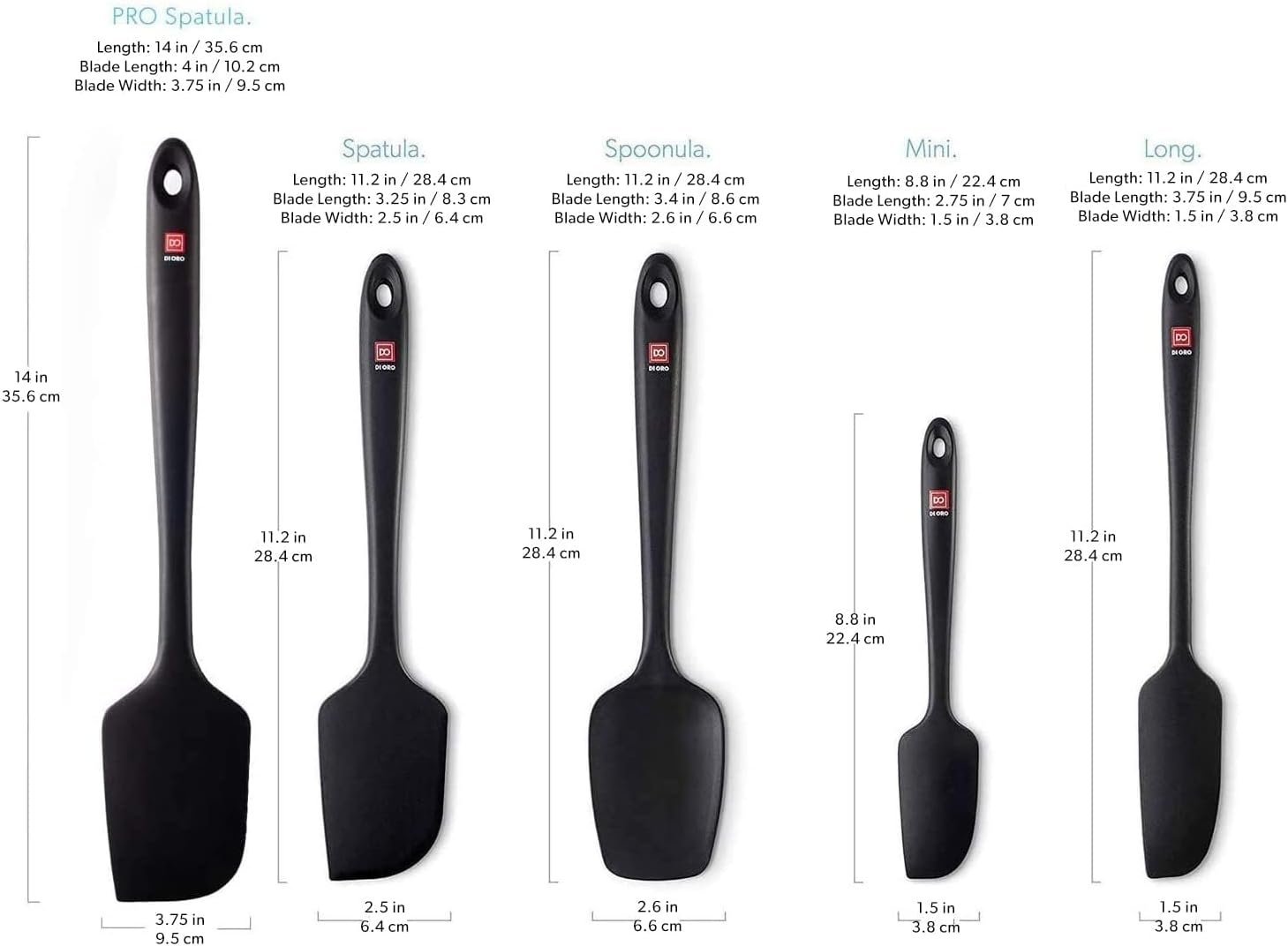DI ORO Silicone Spatula Set - Rubber Kitchen Spatulas for Baking, Cooking, & Mixing - 600°F Heat-Resistant & BPA Free Silicone Scraper Spatulas for Nonstick Cookware - Dishwasher Safe (5pc, Black) - Image 6