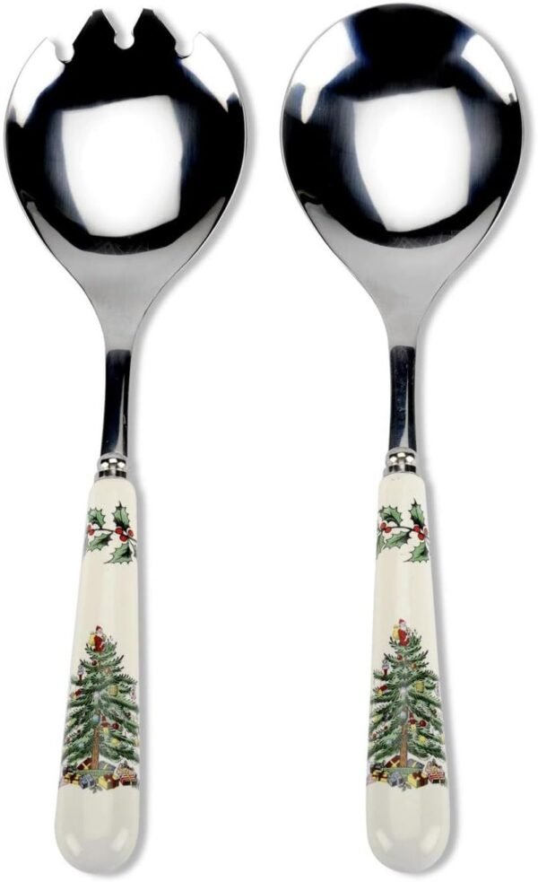 Portmeirion Christmas Tree Salad Server Set (2-Piece) - 10 Inch Stainless Steel with Porcelain Handles, Festive Flatware for Holiday Dining - Dishwasher Safe, Seasonal Entertaining & Gift-Giving - Image 2