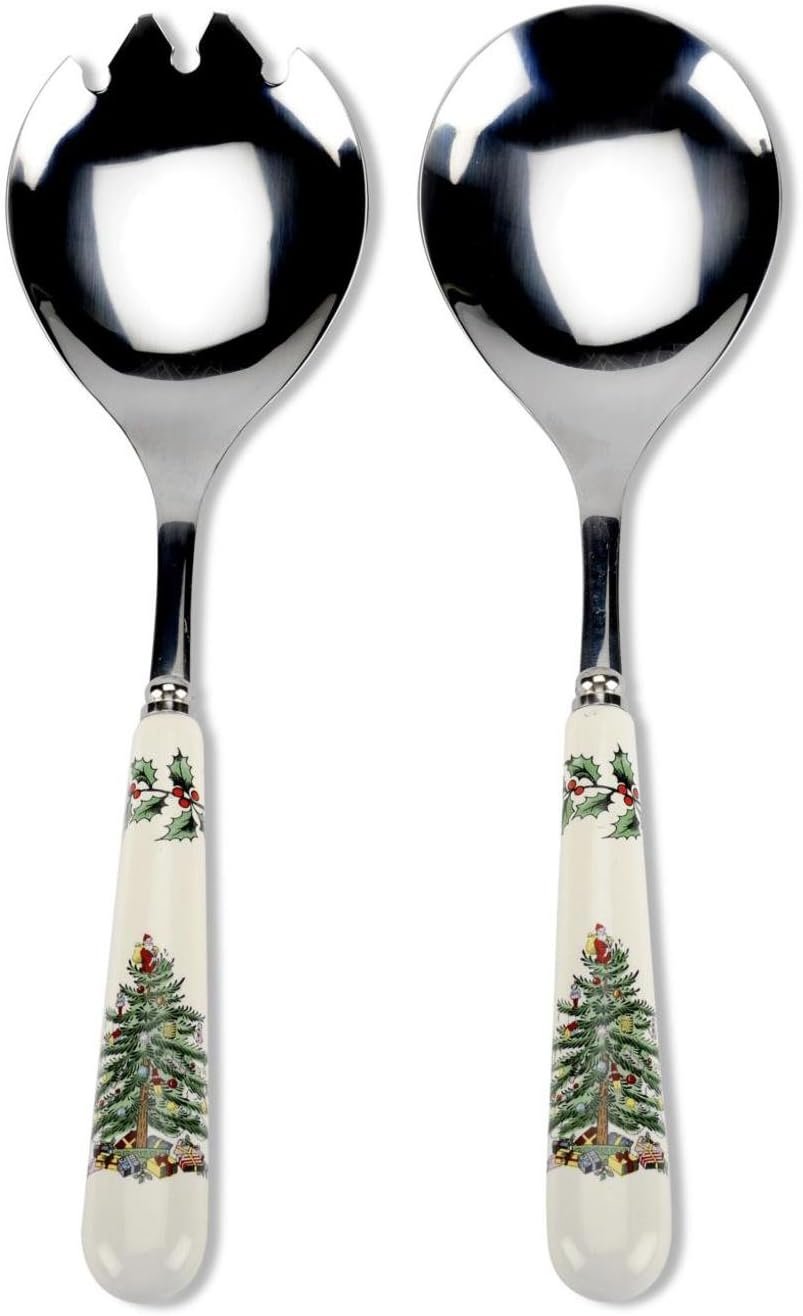 Portmeirion Christmas Tree Salad Server Set (2-Piece) - 10 Inch Stainless Steel with Porcelain Handles, Festive Flatware for Holiday Dining - Dishwasher Safe, Seasonal Entertaining & Gift-Giving - Image 2