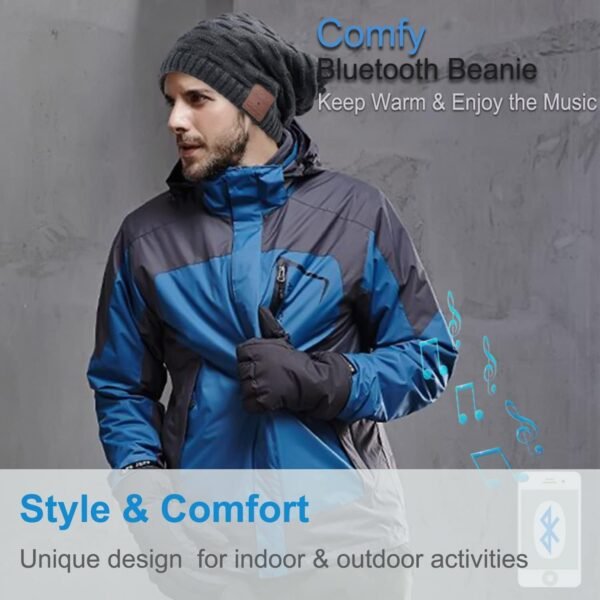 Rotibox 2IN1 Washable Winter Mens Womens Trendy Bluetooth Beanie Hat Scarf Wireless Stereo Headphones Mic Hand-Free Rechargeable Battery Compatible with Cell Phones,iPhone,Android,Laptops Black - Image 7