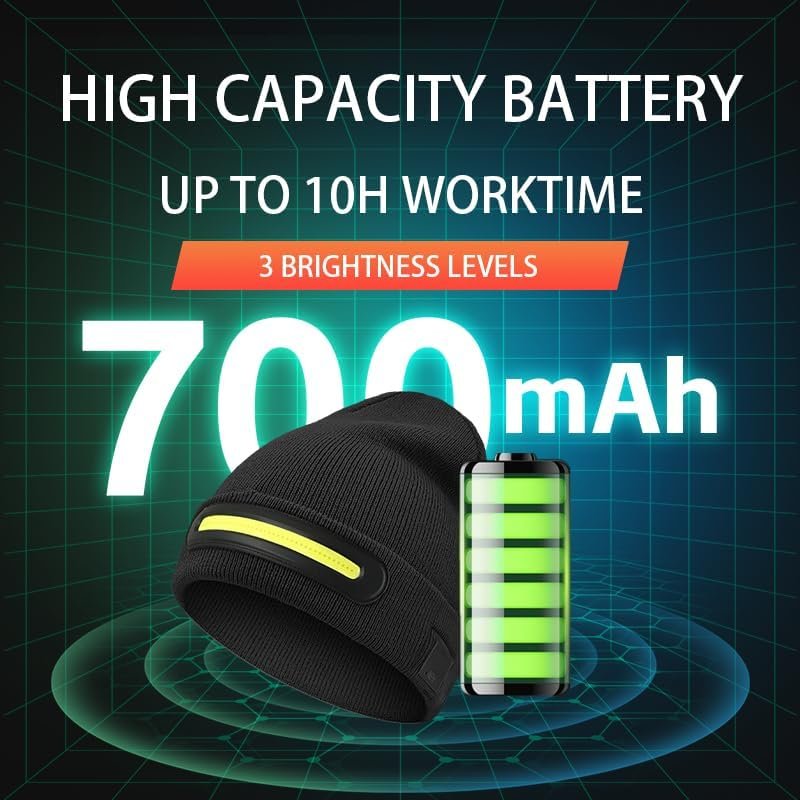LED Lighted Beanie with Light, Unisex Warm Knitted Black Winter Hat, USB Rechargeable Headlamp Cap for Outdoors, Tech Gift for Men Dad Father Him - Image 3
