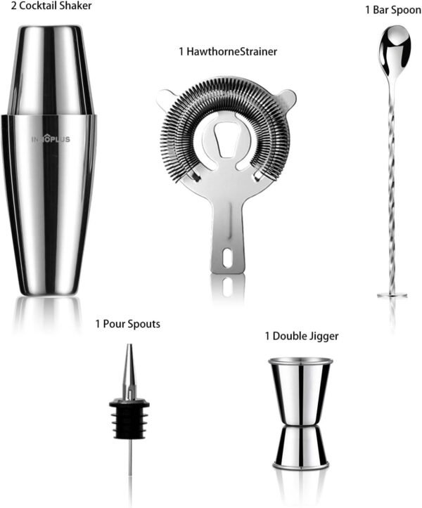 Cocktail Shaker, Martini Shaker, Drink Shaker, Cocktail Shaker Set 6 Piece, Boston Shaker, Bar Set, Cocktail Strainer, Bar Tools, Bartender Kit, Stainless Steel Double Measuring Jigger, Mixing Spoon - Image 3