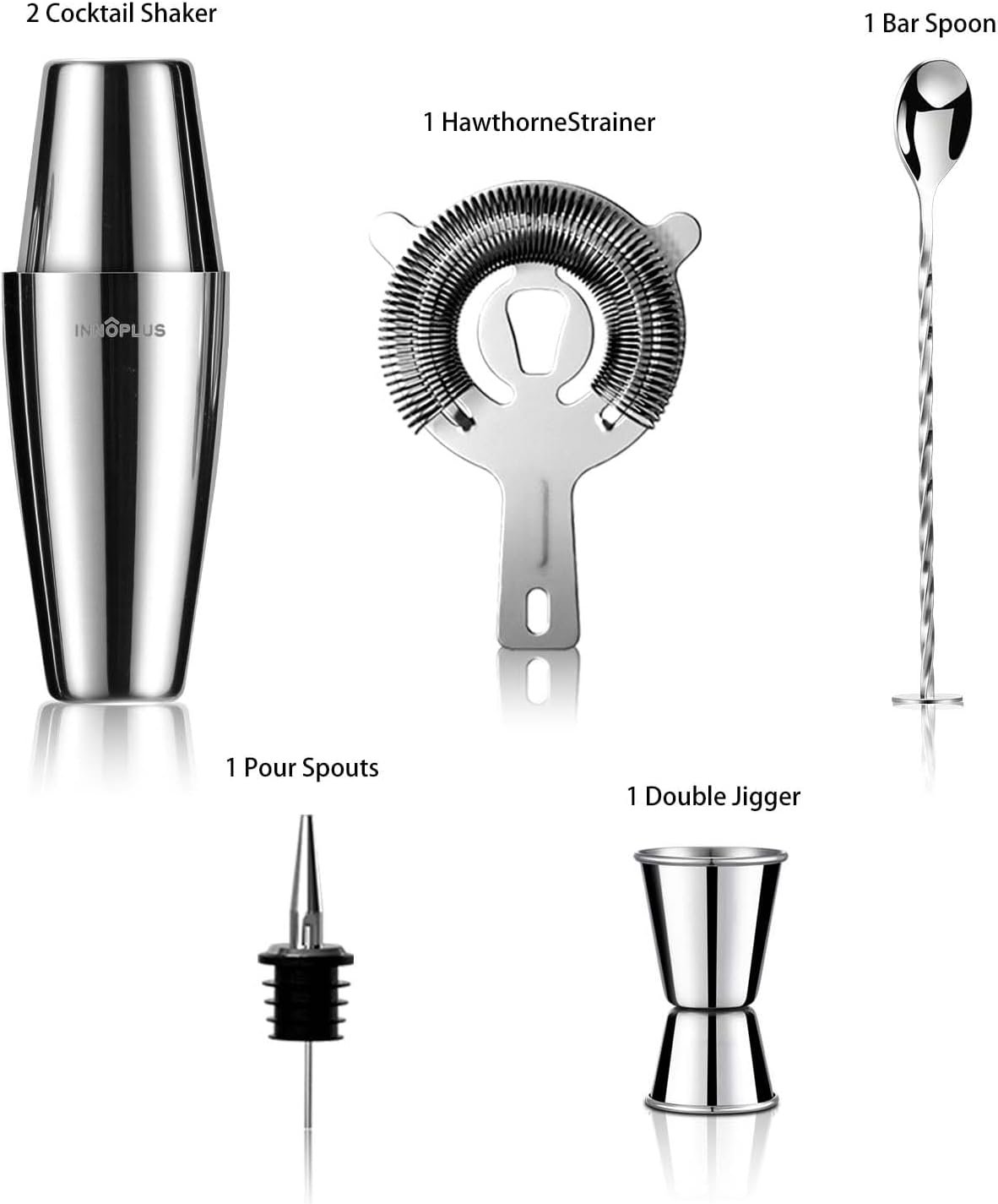 Cocktail Shaker, Martini Shaker, Drink Shaker, Cocktail Shaker Set 6 Piece, Boston Shaker, Bar Set, Cocktail Strainer, Bar Tools, Bartender Kit, Stainless Steel Double Measuring Jigger, Mixing Spoon - Image 3