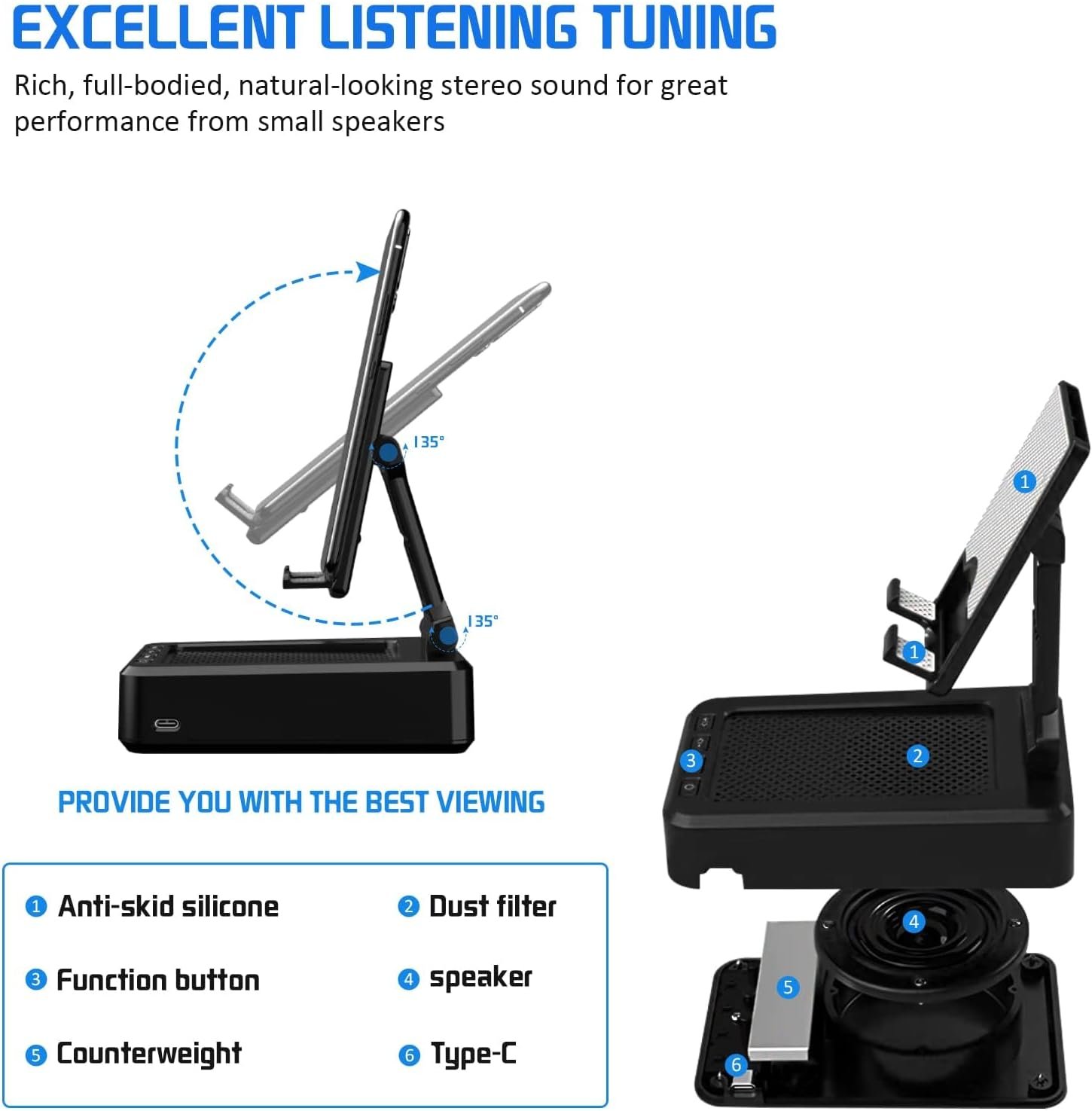 Cell Phone Stand with Wireless Bluetooth Speaker Compatible for iPhone/Samsung/iPad Tablet, Anti-Slip Design Phone Stand with HD Surround Sound for Home,Office,Outdoor etc. - Image 5