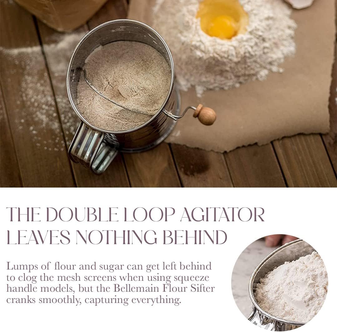 Bellemain 3 Cup Flour Sifter for Baking Fine Mesh Rotary Hand Crank with Loop Agitator for Quick Sifting, Flour Sifter Stainlees Steel - Image 4