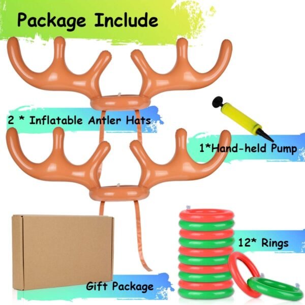 2 Set Inflatable Reindeer Ring Toss Game With Antlers and 12 Rings, Family Christmas Party Games - Image 8