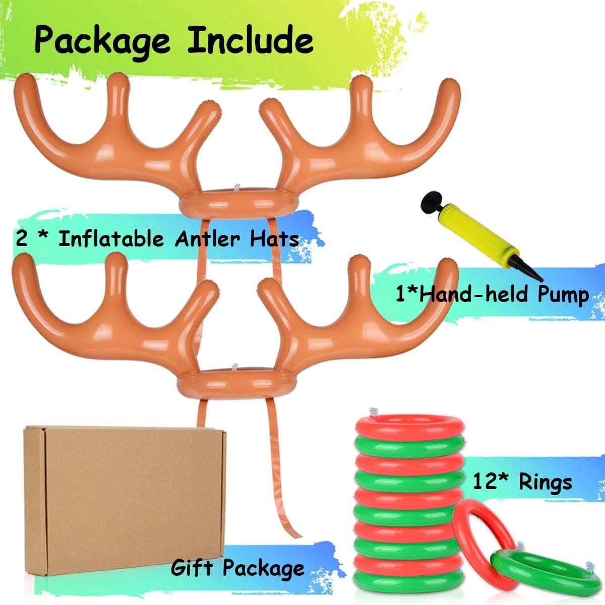 2 Set Inflatable Reindeer Ring Toss Game With Antlers and 12 Rings, Family Christmas Party Games - Image 8