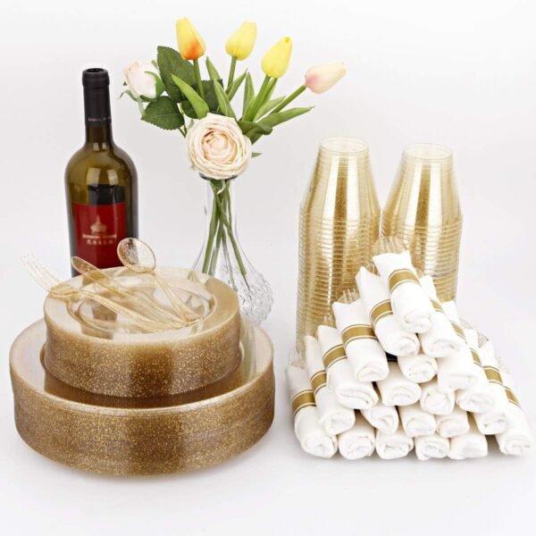 DaYammi 350 Pieces Gold Glitter Dinnerware Set 50 Guest for party- 50 Dinner Plates, 50 Dessert Plates -50 Per Rolled Napkins with Gold Cutlery - 50 Disposable Cups 9 OZ - Image 3