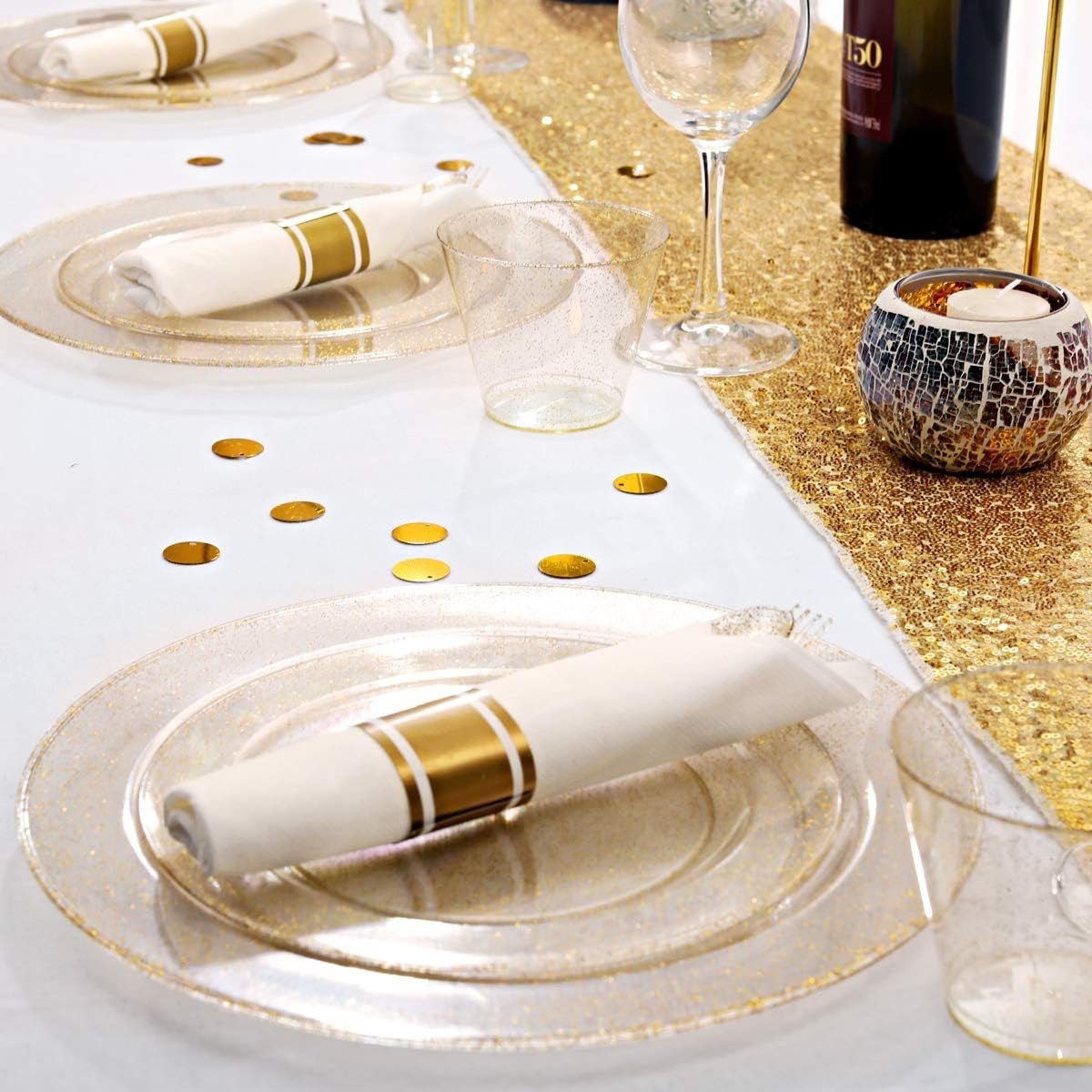 DaYammi 350 Pieces Gold Glitter Dinnerware Set 50 Guest for party- 50 Dinner Plates, 50 Dessert Plates -50 Per Rolled Napkins with Gold Cutlery - 50 Disposable Cups 9 OZ - Image 5