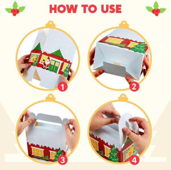 JOYIN 24 PCS 3D Christmas House Cardboard Treat Boxes for Holiday Xmas Goody Gift, Goodie Paper Boxes, School Classroom Party Favor Supplies, 4 Designs Candy Treat Cardboard Cookie Boxes - Image 6