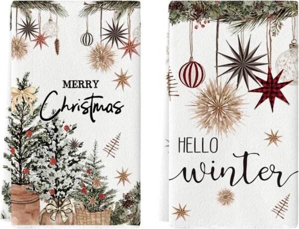 Artoid Mode Xmas Tree Merry Christmas Kitchen Towels Dish Towels, 18x26 Inch Holiday Ornament Ball Hello Winter Decoration Hand Towels Set of 2 - Image 2