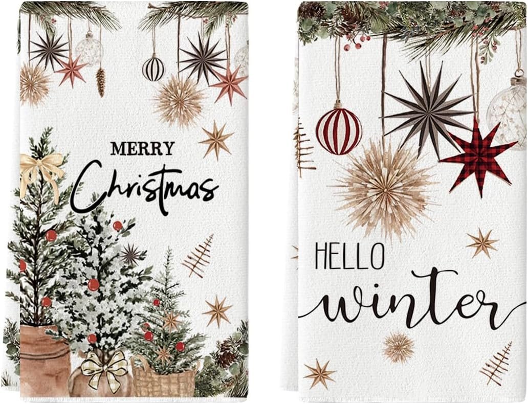 Artoid Mode Xmas Tree Merry Christmas Kitchen Towels Dish Towels, 18x26 Inch Holiday Ornament Ball Hello Winter Decoration Hand Towels Set of 2 - Image 2