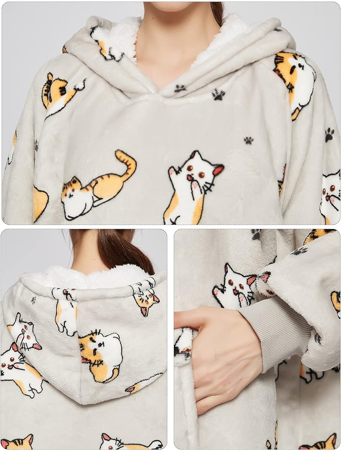 KFUBUO Wearable Blanket Hoodie for Adults Sherpa All Patterns Cat Oversized Sweatshirt Blanket with Pockets for Women - Image 4