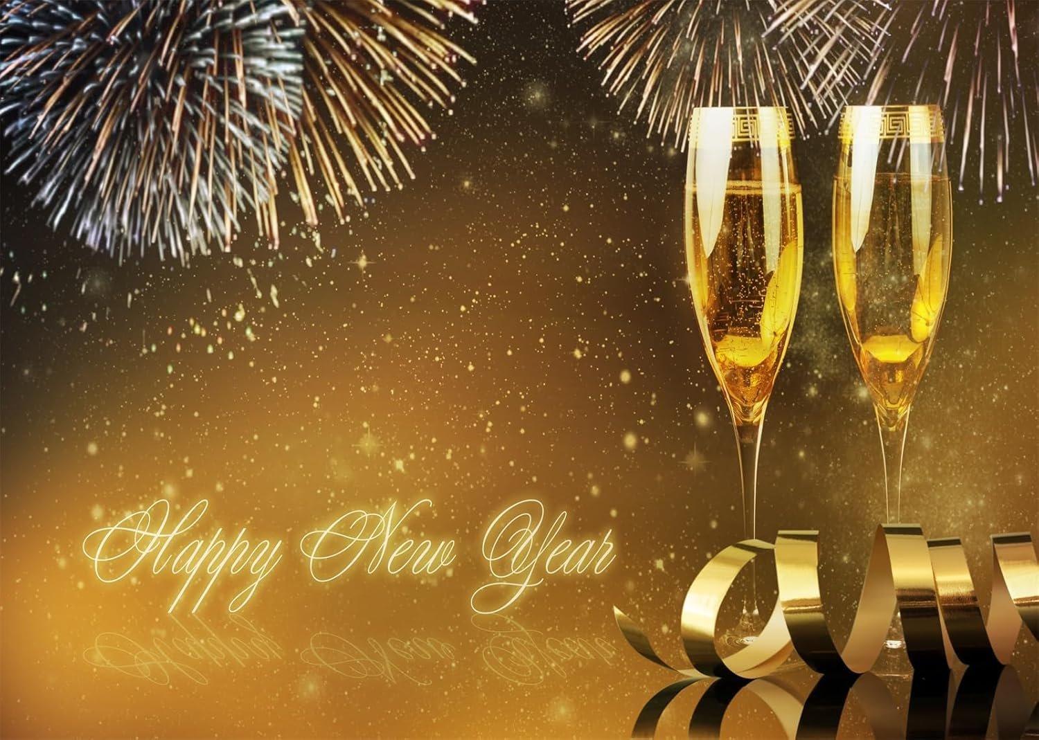 15x10ft Fabric Happy New Year Backdrop Champagne Glasses and Fireworks Gold Shining Background Cheers to The New Year Festival Celebration Holiday Party Decorations Photo Studio Props - Image 5