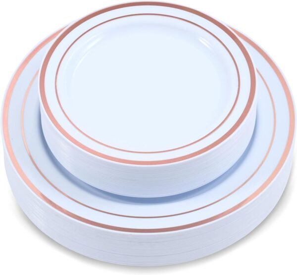 60-Piece Plastic Plates Set Premium 30 Dinner Plates & 30 Salad Plates Pack, Disposable Plates for Party - White Plastic Wedding Plates with Rose Gold Rim - Image 2