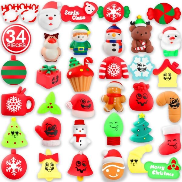 Christmas Squishy Toys, 34 PCS Squishies Christmas Party Favors for Kids Boys Girls, Mochi Kawaii Squishy Stress Reliever Anxiety Toys, Classroom Prize Bulk Gifts for Christmas Treat Goody Bags - Image 3