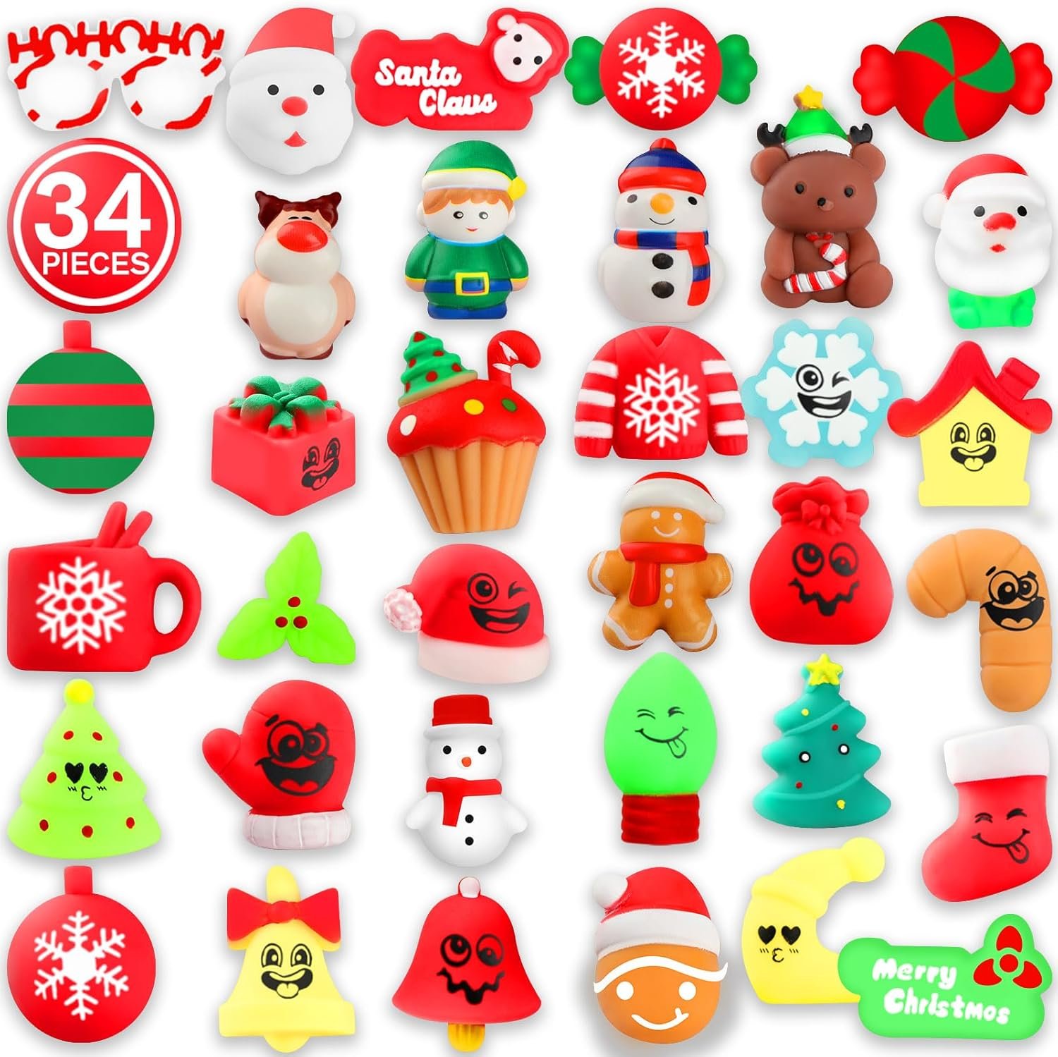 Christmas Squishy Toys, 34 PCS Squishies Christmas Party Favors for Kids Boys Girls, Mochi Kawaii Squishy Stress Reliever Anxiety Toys, Classroom Prize Bulk Gifts for Christmas Treat Goody Bags - Image 3