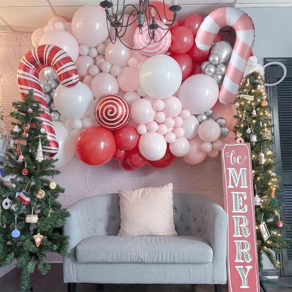 140Pcs Christmas Balloon Garland Arch Kit - Red Pink Candy Cane Balloons Sweet Lollipop Foil Balloon for Christmas New Year Birthday Xmas Holiday Party Decorations - Image 4