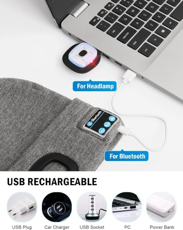 Wmcaps Bluetooth Beanie with a Light, Unisex USB Rechargeable 4 LED Fashlight Hat with Cordless Headphones, Unique Christmas Birthday Gifts for Men Him Husband Teen - Image 6