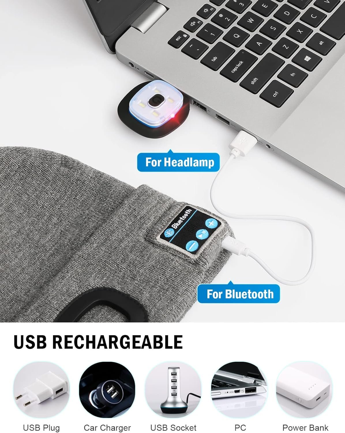 Wmcaps Bluetooth Beanie with a Light, Unisex USB Rechargeable 4 LED Fashlight Hat with Cordless Headphones, Unique Christmas Birthday Gifts for Men Him Husband Teen - Image 6