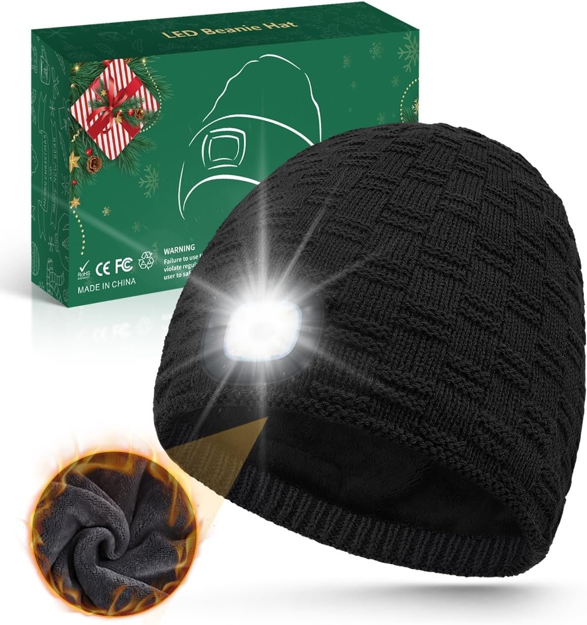 Fleece Lined Beanie with Light, USB Rechargeable LED Headlamp Hat, Christmas Stocking Stuffers Winter Gifts Warm Knitted Cap Headlight for Men Women, Hatlight for Running Hiking Cycling - Image 2
