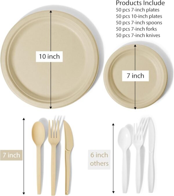 ALPIO 250Pcs Disposable Paper Plates Set, Compostable Dinnerware Set for 50 Guests – Biodegradable Paper Plates, Eco-Friendly Sugarcane Utensils, Includes Paper Plates, Forks, Knives, Spoons - Image 6
