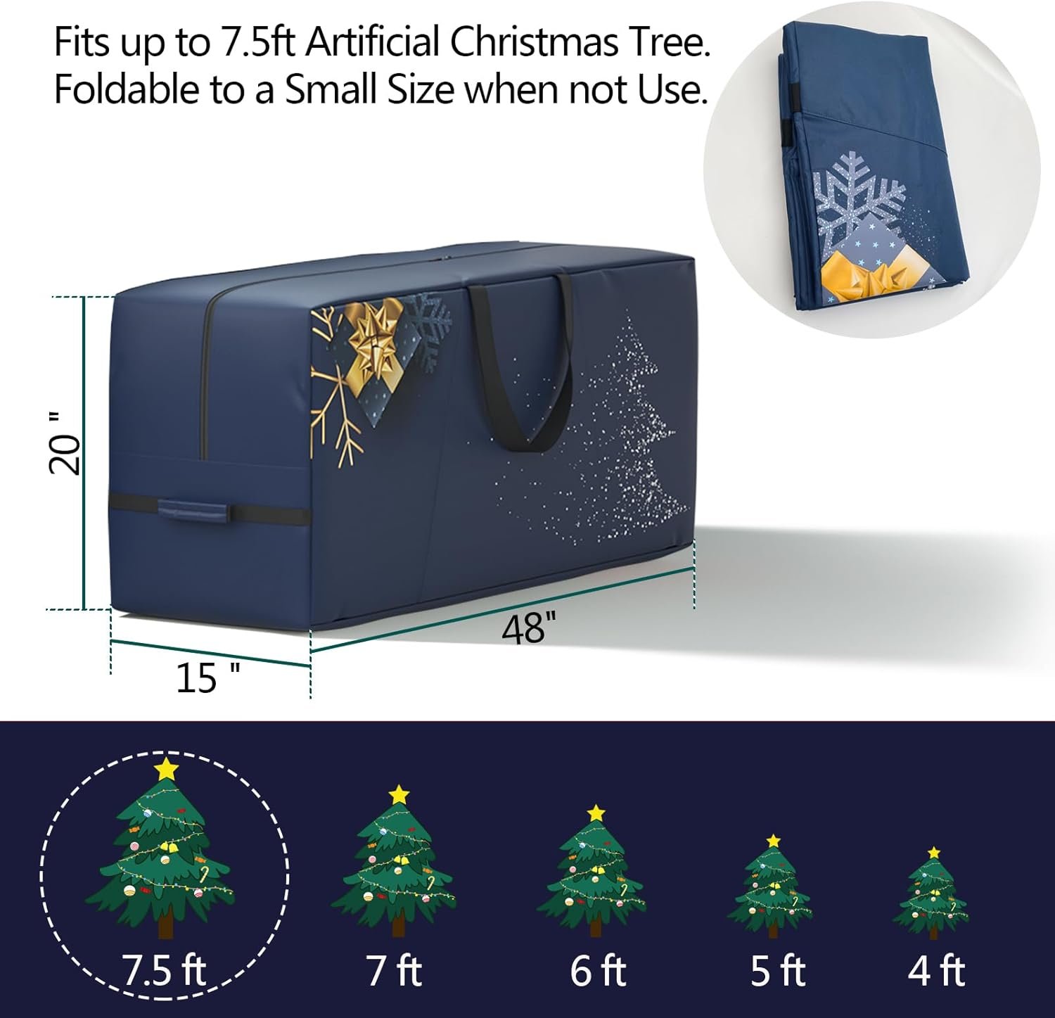 【New Upgrade】7.5 ft Christmas Tree Storage Bag - Heavy Duty 600D Oxford Fabric with Reinforced Handles and Dual Zippers - Wide Opening, Extra Large Storage Container for Trees and Decorations (Blue) - Image 3