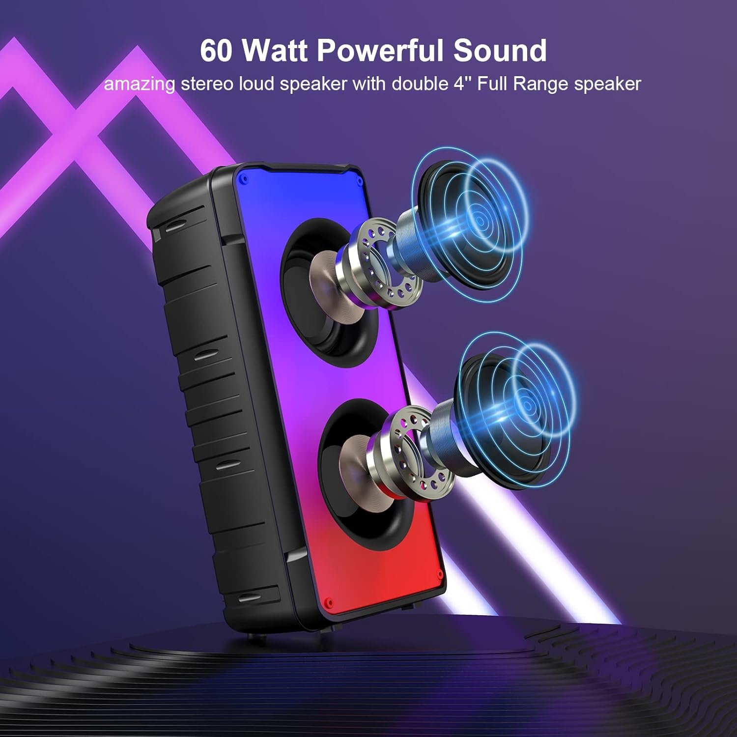 Bluetooth Speakers, 60W(80W Peak) Portable Loud Wireless Stereo Speaker with Rich Bass, Bluetooth 5.0, FM Radio, Colorful Light, TWS Pairing, EQ, 10000mAh Battery, Outdoor Speaker for Home Party Gift - Image 3