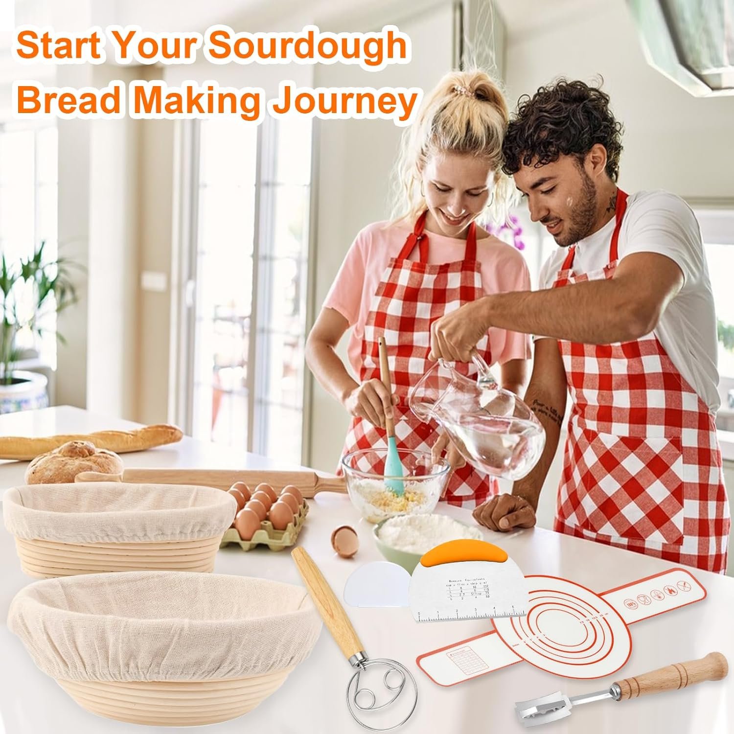 10 Inch Oval & 9Inch Round Banneton Bread Proofing Basket Sets,Sourdough Bread Baking Supplies with Linen Liners,Silicone Bread Sling,Danish Whisk,Scoring Cutter,Dough Scraper - Image 8