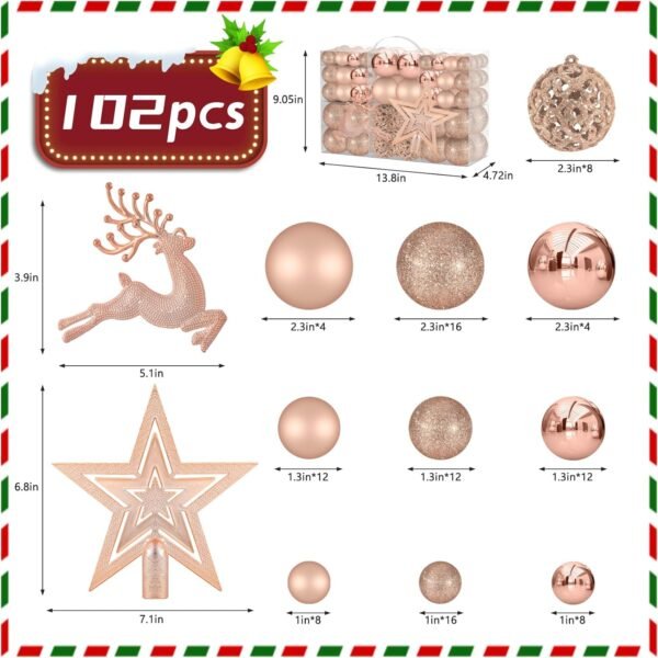 102PCS Assorted Rose Gold Christmas Ornaments, Christmas Balls Ornaments,Xmas Tree Ornaments,Plastic Shatterproof Christmas Ornaments,Christmas Tree Decorations Set - Image 3