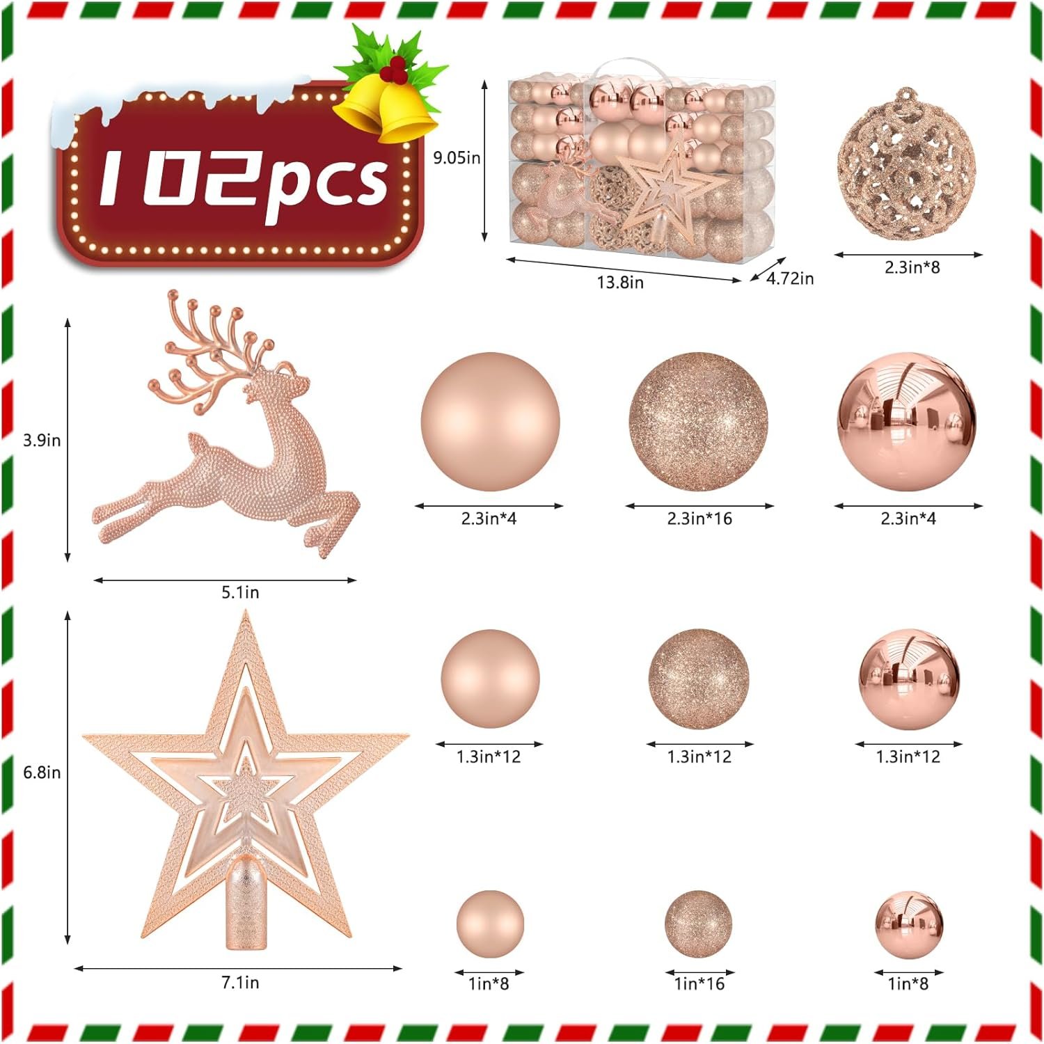 102PCS Assorted Rose Gold Christmas Ornaments, Christmas Balls Ornaments,Xmas Tree Ornaments,Plastic Shatterproof Christmas Ornaments,Christmas Tree Decorations Set - Image 3