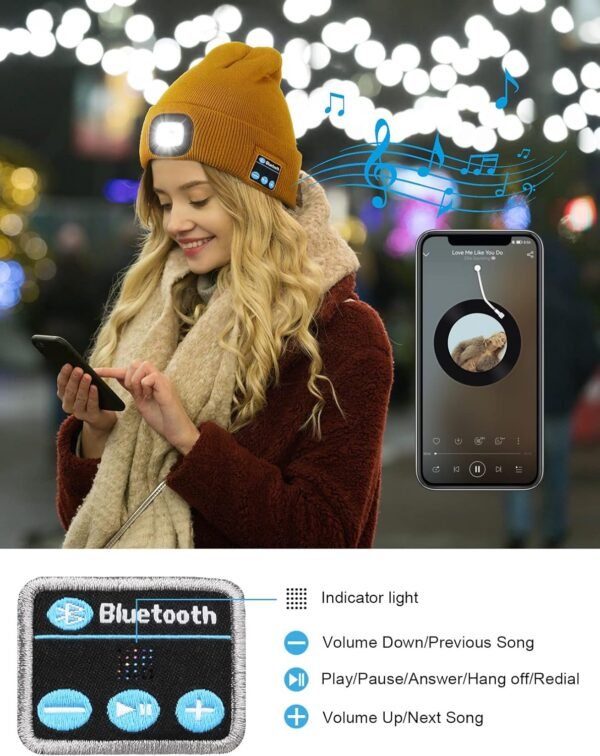 Wmcaps Bluetooth Beanie with a Light, Unisex USB Rechargeable 4 LED Fashlight Hat with Cordless Headphones, Unique Christmas Birthday Gifts for Men Him Husband Teen - Image 5
