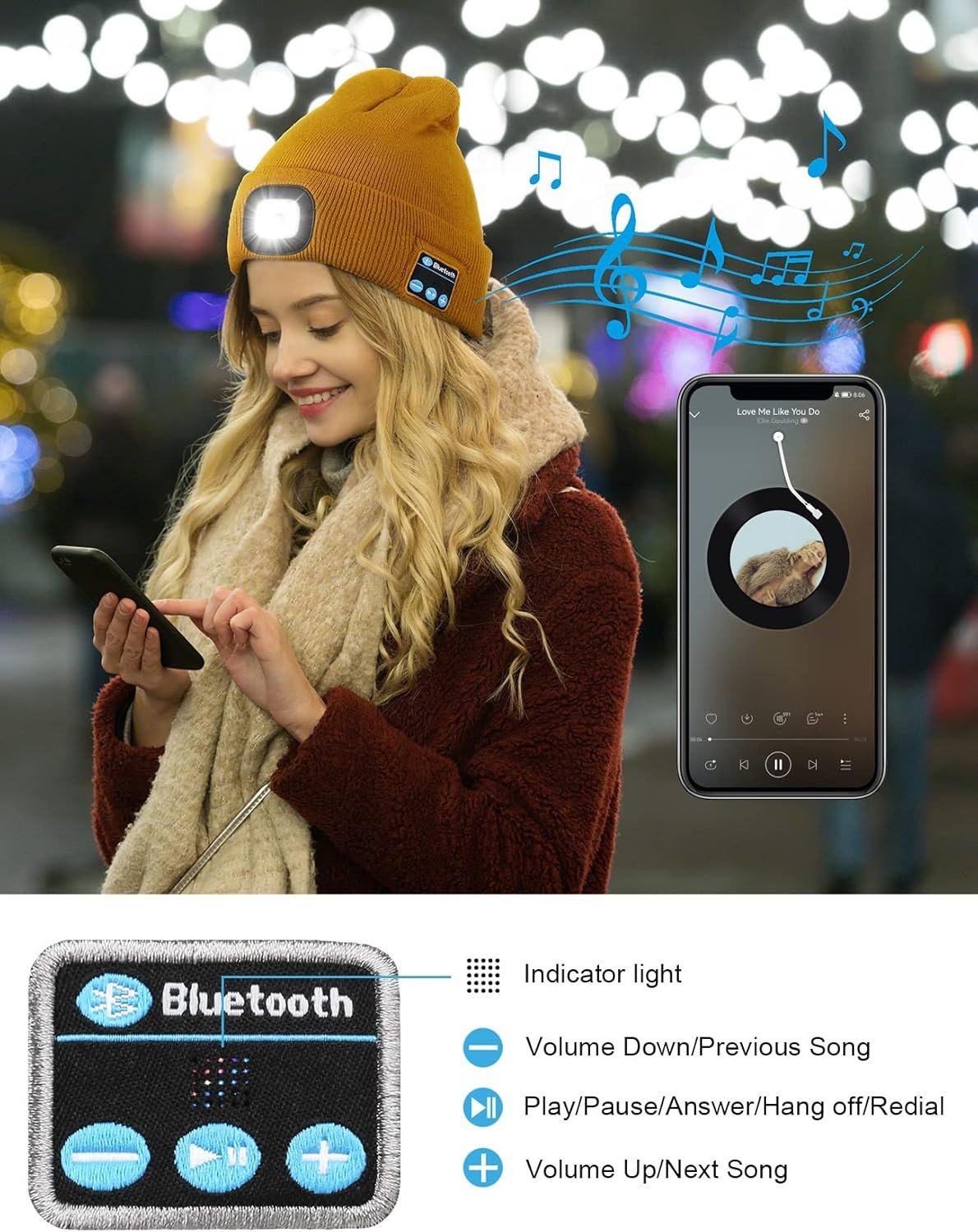 Wmcaps Bluetooth Beanie with a Light, Unisex USB Rechargeable 4 LED Fashlight Hat with Cordless Headphones, Unique Christmas Birthday Gifts for Men Him Husband Teen - Image 5